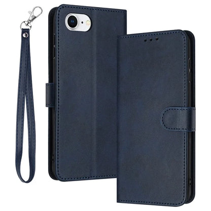 For iPhone SE (2024) Case Calf Texture Leather Wallet Shockproof Flip Cover with Hand Strap