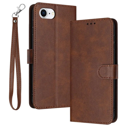 For iPhone SE (2024) Case Calf Texture Leather Wallet Shockproof Flip Cover with Hand Strap