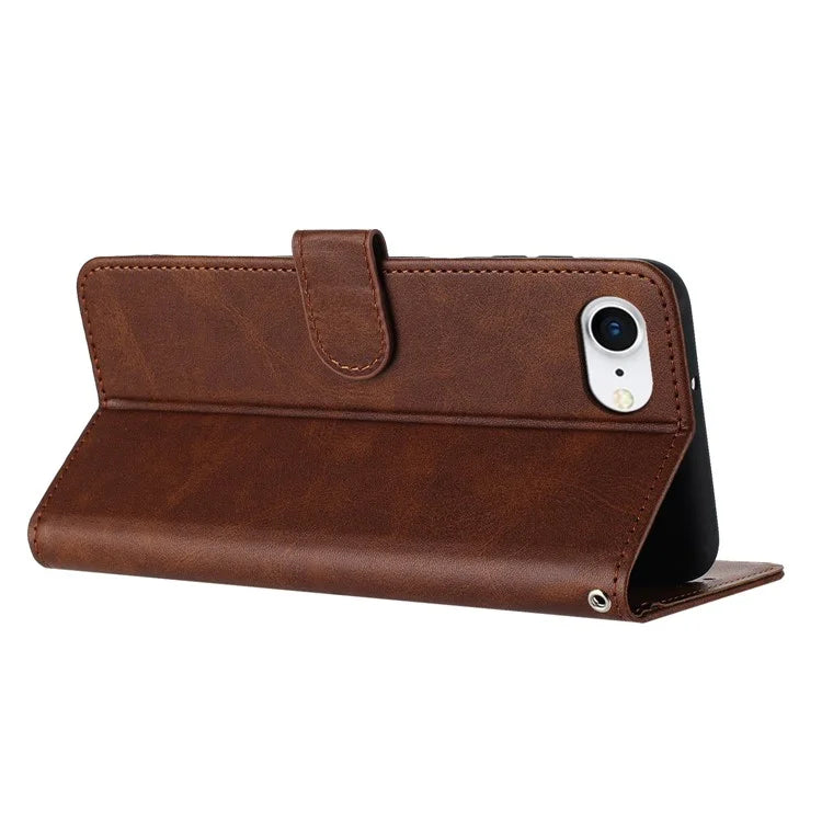For iPhone SE (2024) Case Calf Texture Leather Wallet Shockproof Flip Cover with Hand Strap