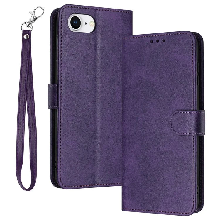 For iPhone SE (2024) Case Calf Texture Leather Wallet Shockproof Flip Cover with Hand Strap