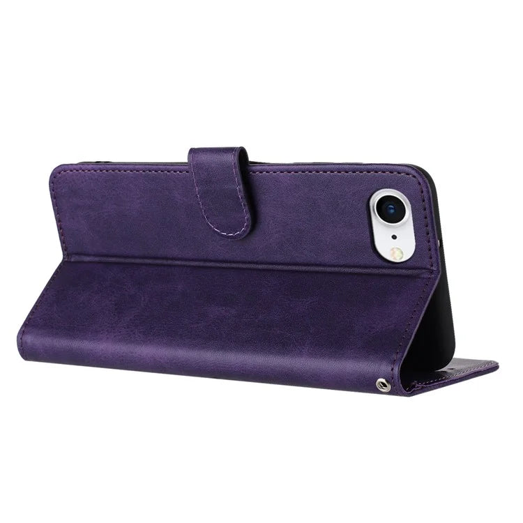 For iPhone SE (2024) Case Calf Texture Leather Wallet Shockproof Flip Cover with Hand Strap