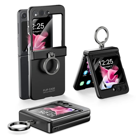 For Samsung Galaxy Z Flip6 5G Case Finger Ring PC Phone Cover with Rear Screen Film