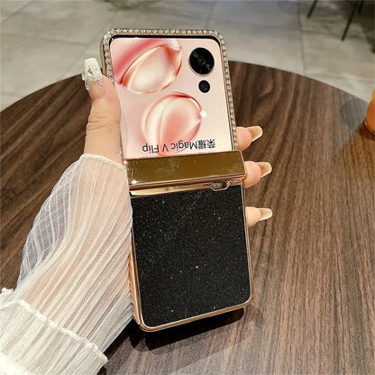 For Honor Magic V Flip 5G Case Hinge Protection Rhinestone Glitter PC Phone Cover