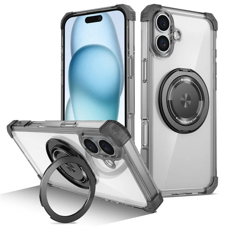 For iPhone 16 Case PC+TPU Phone Cover Rotating Magnetic Ring Holder Kickstand