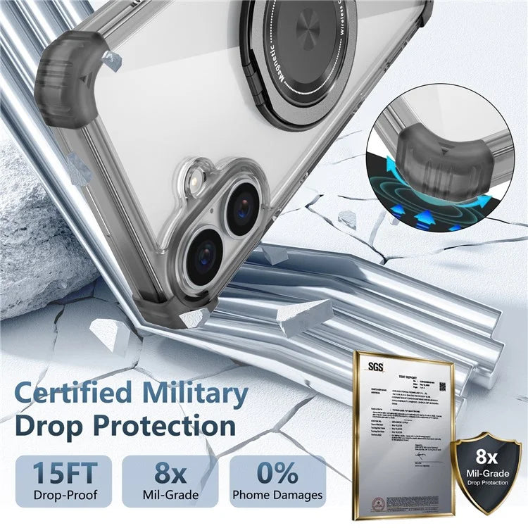 For iPhone 16 Case PC+TPU Phone Cover Rotating Magnetic Ring Holder Kickstand