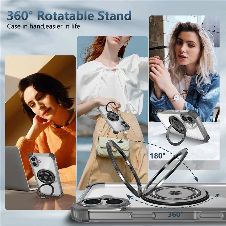 For iPhone 16 Case PC+TPU Phone Cover Rotating Magnetic Ring Holder Kickstand