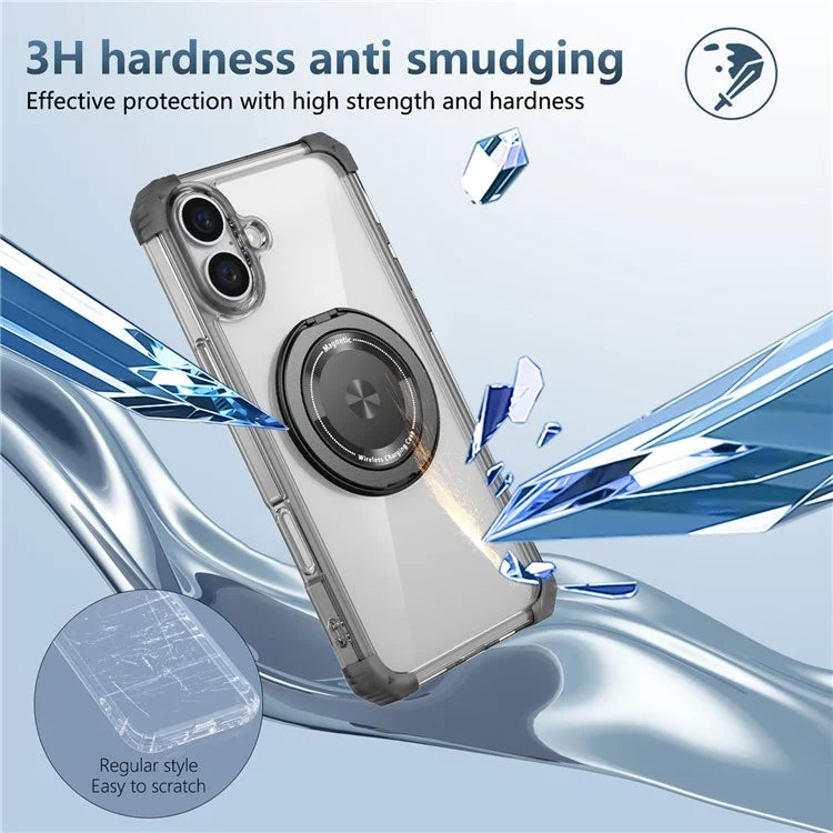 For iPhone 16 Case PC+TPU Phone Cover Rotating Magnetic Ring Holder Kickstand