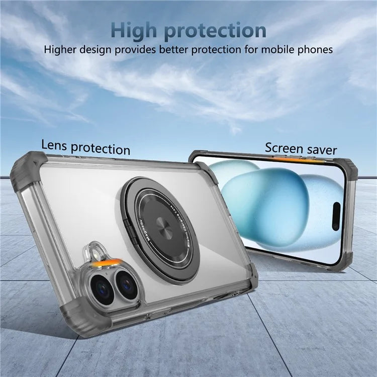 For iPhone 16 Case PC+TPU Phone Cover Rotating Magnetic Ring Holder Kickstand