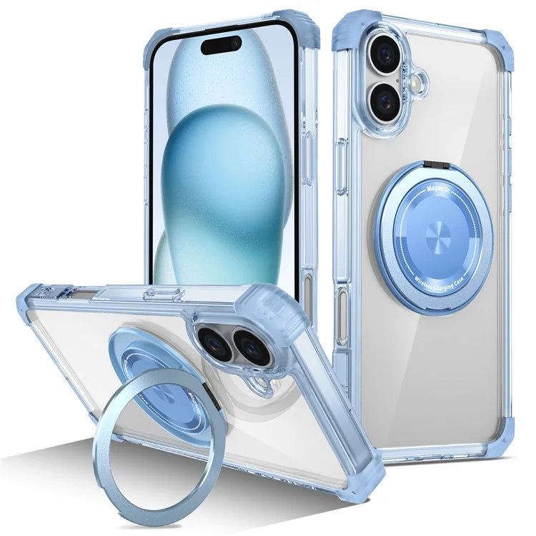 For iPhone 16 Case PC+TPU Phone Cover Rotating Magnetic Ring Holder Kickstand