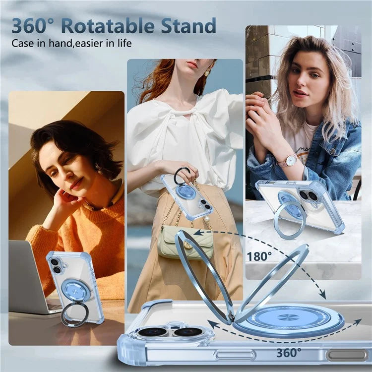 For iPhone 16 Case PC+TPU Phone Cover Rotating Magnetic Ring Holder Kickstand
