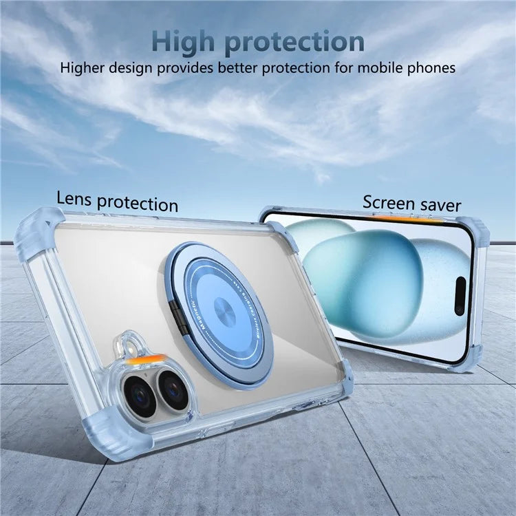 For iPhone 16 Case PC+TPU Phone Cover Rotating Magnetic Ring Holder Kickstand
