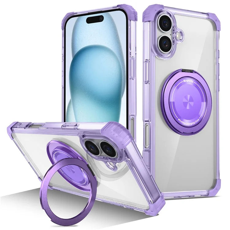 For iPhone 16 Case PC+TPU Phone Cover Rotating Magnetic Ring Holder Kickstand