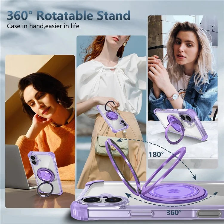 For iPhone 16 Case PC+TPU Phone Cover Rotating Magnetic Ring Holder Kickstand