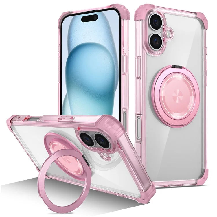 For iPhone 16 Case PC+TPU Phone Cover Rotating Magnetic Ring Holder Kickstand