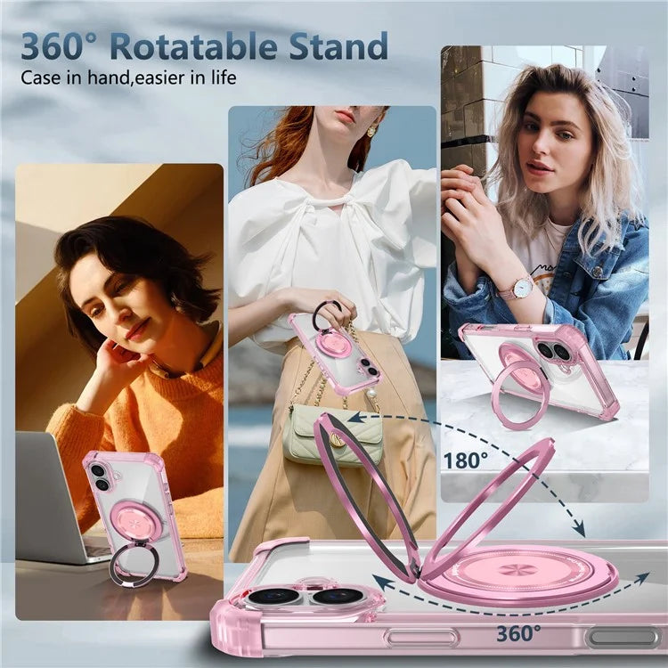 For iPhone 16 Case PC+TPU Phone Cover Rotating Magnetic Ring Holder Kickstand