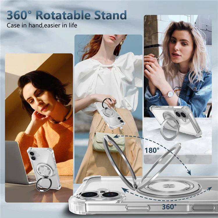 For iPhone 16 Case PC+TPU Phone Cover Rotating Magnetic Ring Holder Kickstand