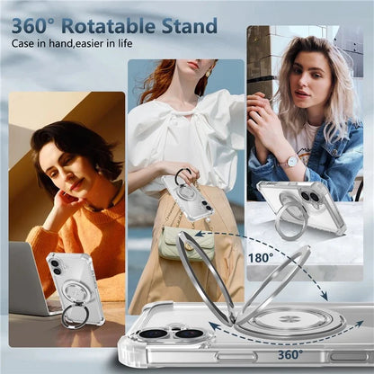 For iPhone 16 Case PC+TPU Phone Cover Rotating Magnetic Ring Holder Kickstand
