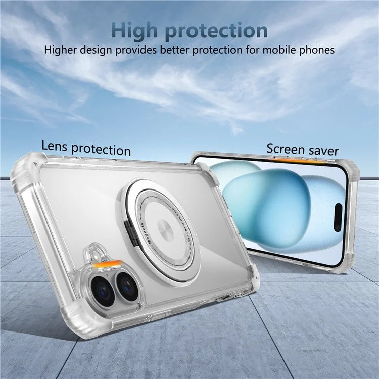For iPhone 16 Case PC+TPU Phone Cover Rotating Magnetic Ring Holder Kickstand