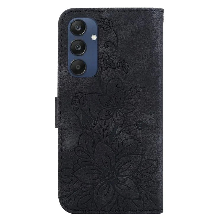 For Samsung Galaxy M35 5G Stand Case Lily Flower Imprint Leather Phone Cover