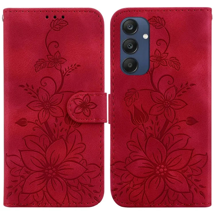 For Samsung Galaxy M35 5G Stand Case Lily Flower Imprint Leather Phone Cover