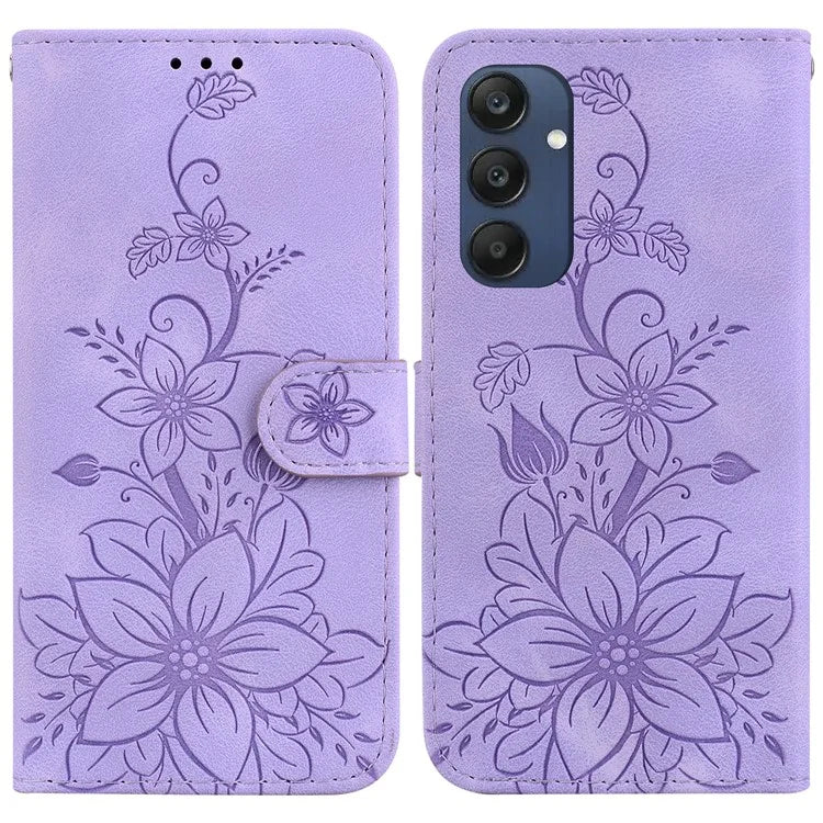 For Samsung Galaxy M35 5G Stand Case Lily Flower Imprint Leather Phone Cover