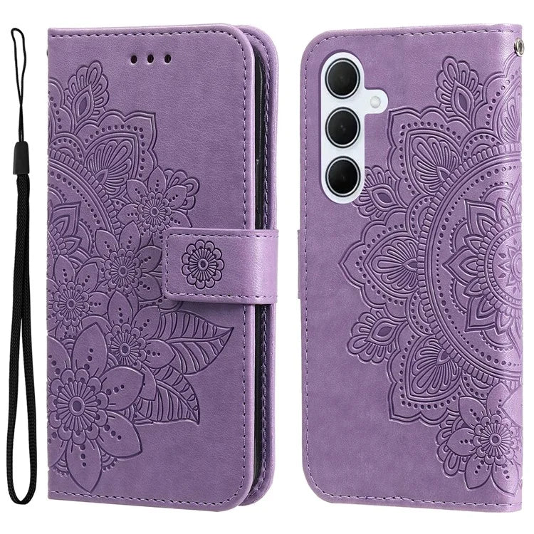 For Samsung Galaxy M35 5G Case Flower Imprint PU Leather Phone Cover with Strap