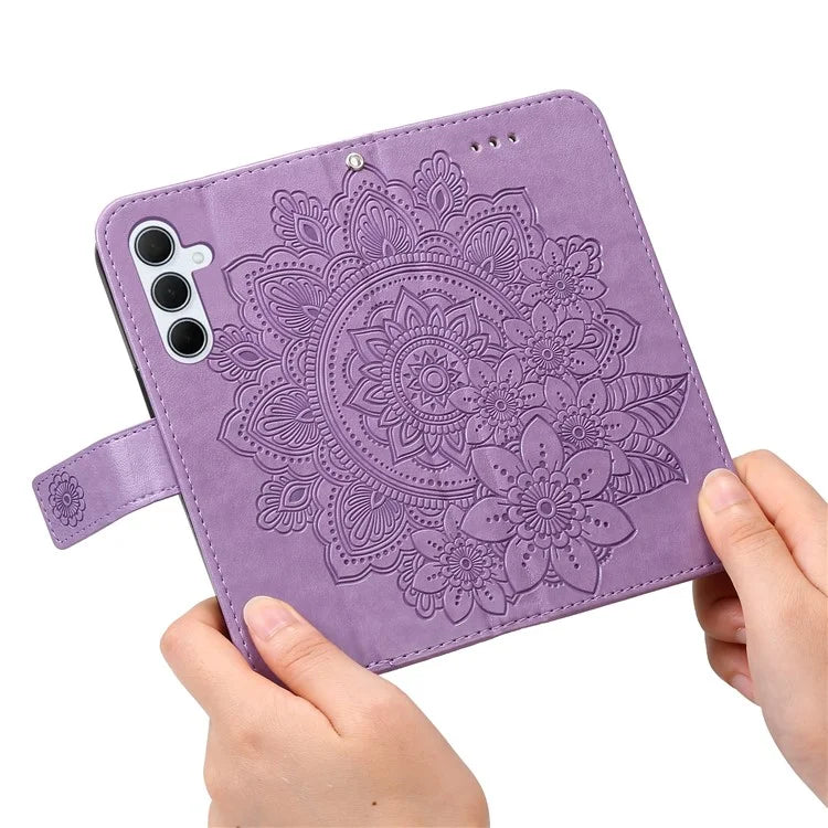 For Samsung Galaxy M35 5G Case Flower Imprint PU Leather Phone Cover with Strap