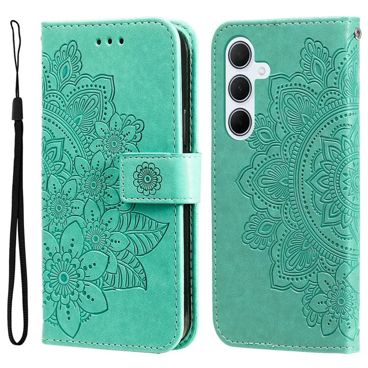 For Samsung Galaxy M35 5G Case Flower Imprint PU Leather Phone Cover with Strap