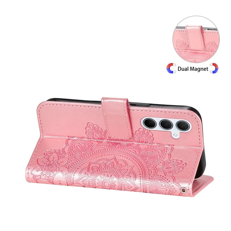 For Samsung Galaxy M35 5G Case Flower Imprint PU Leather Phone Cover with Strap