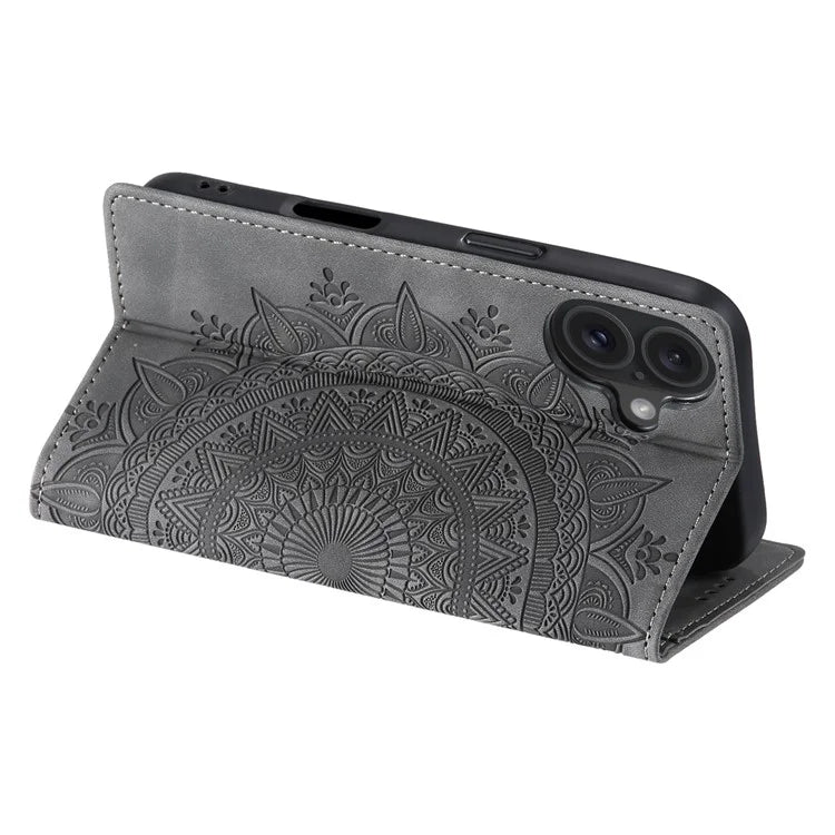 Style-010 For iPhone 16 Plus Case Imprinted Leather Phone Cover Magnetic Auto Closing
