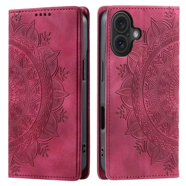 Style-010 For iPhone 16 Plus Case Imprinted Leather Phone Cover Magnetic Auto Closing