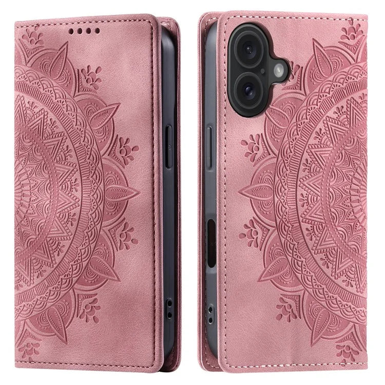 Style-010 For iPhone 16 Plus Case Imprinted Leather Phone Cover Magnetic Auto Closing