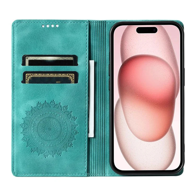 Style-010 For iPhone 16 Plus Case Imprinted Leather Phone Cover Magnetic Auto Closing