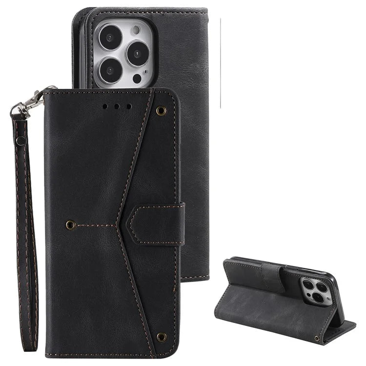 For iPhone 16 Pro Case Leather Flip Phone Cover Splicing Stitching