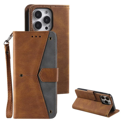 For iPhone 16 Pro Case Leather Flip Phone Cover Splicing Stitching