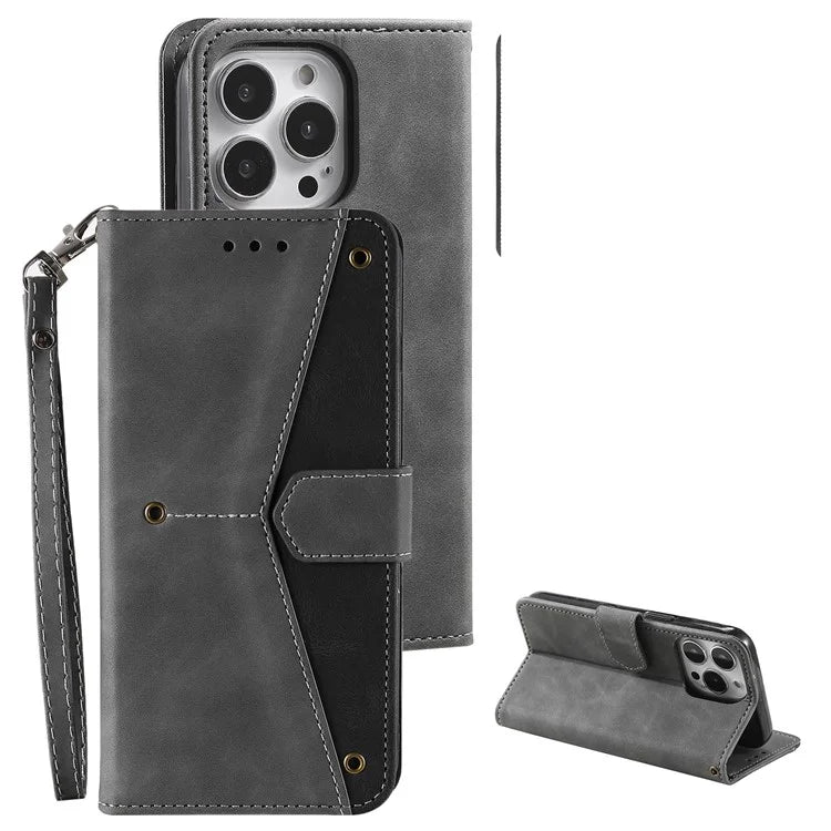 For iPhone 16 Pro Case Leather Flip Phone Cover Splicing Stitching