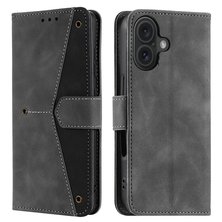 For iPhone 16 Plus Case Splicing Stitching Leather Wallet Phone Cover
