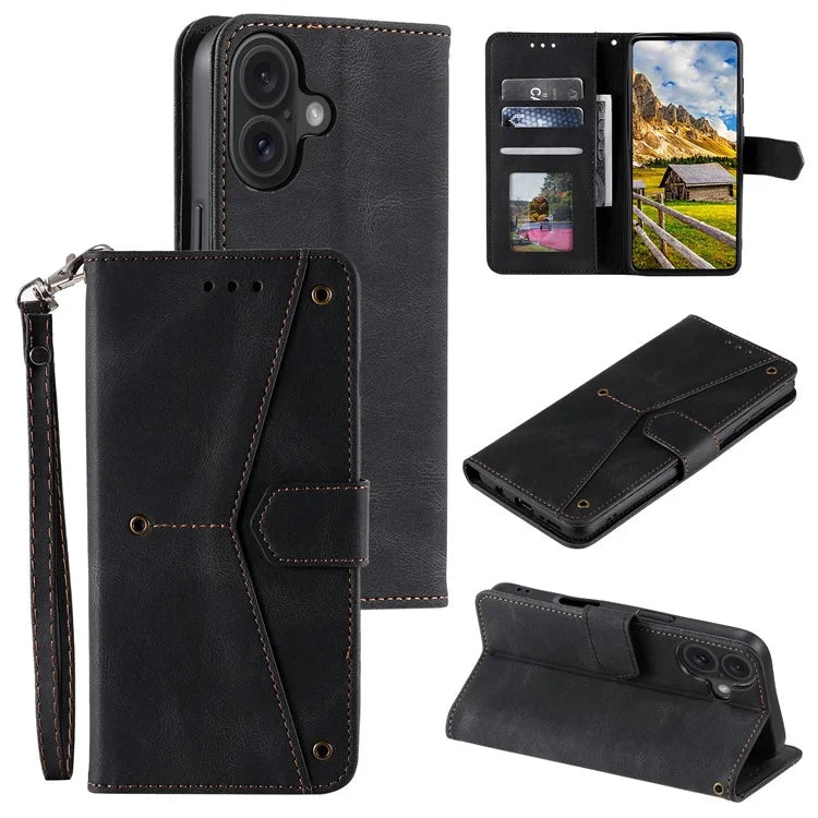 For iPhone 16 Plus Case Splicing Stitching Leather Wallet Phone Cover