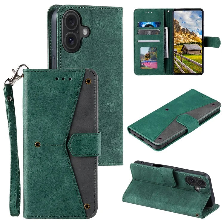 For iPhone 16 Plus Case Splicing Stitching Leather Wallet Phone Cover