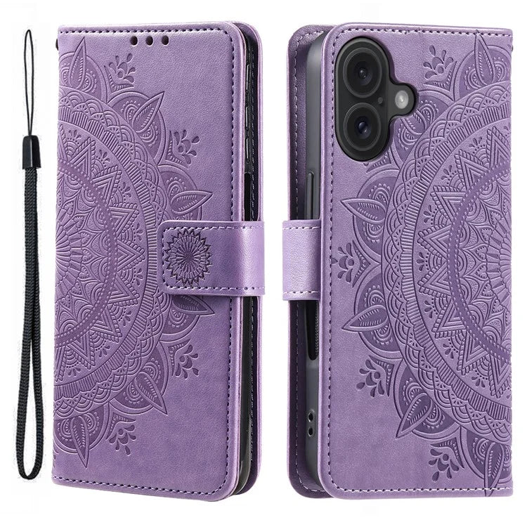 For iPhone 16 Stand Case PU Leather Wallet Phone Cover Totem Imprinted