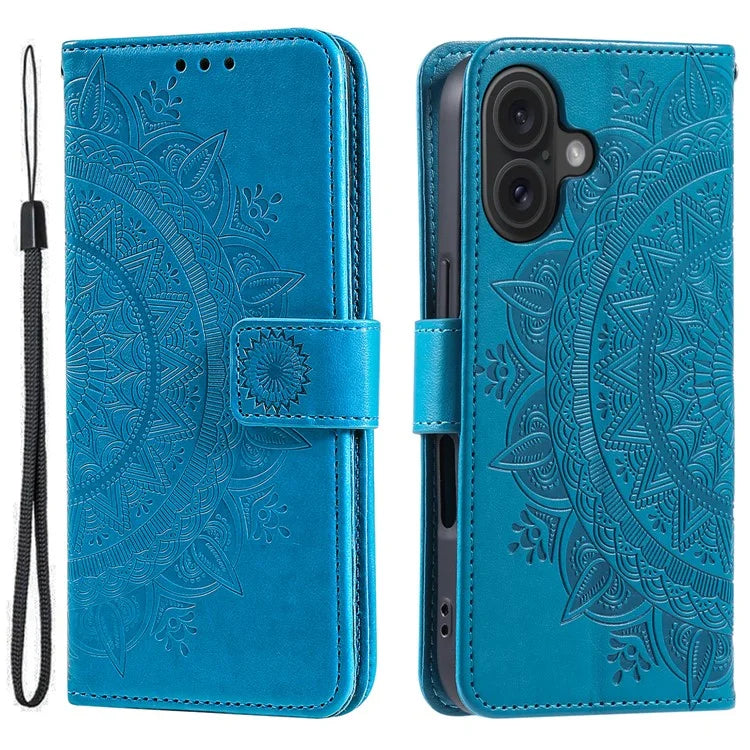 For iPhone 16 Stand Case PU Leather Wallet Phone Cover Totem Imprinted