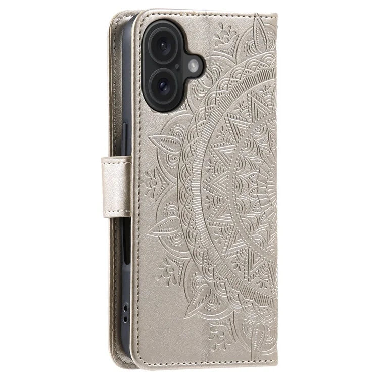 For iPhone 16 Stand Case PU Leather Wallet Phone Cover Totem Imprinted