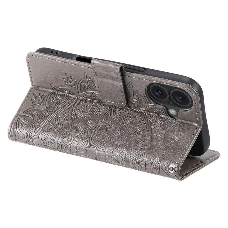 For iPhone 16 Stand Case PU Leather Wallet Phone Cover Totem Imprinted