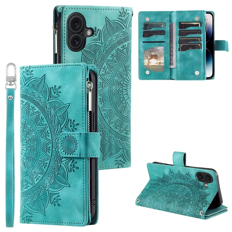 Style 006 For iPhone 16 Case PU Leather Wallet Phone Cover Mandala Flower Pattern