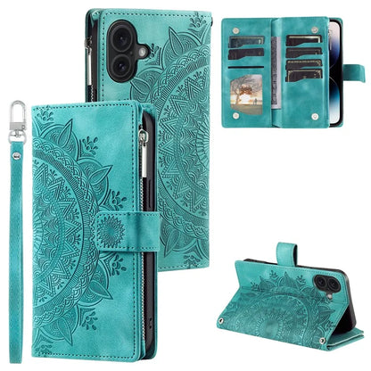 Style 006 For iPhone 16 Case PU Leather Wallet Phone Cover Mandala Flower Pattern