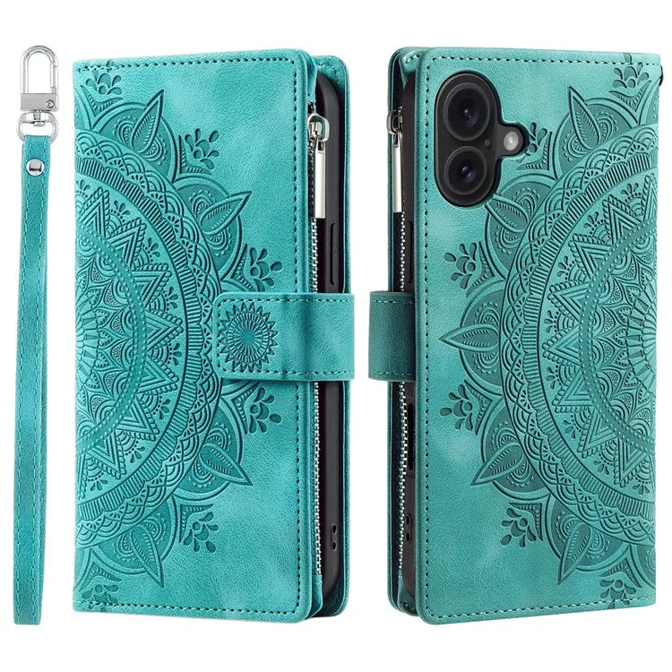 Style 006 For iPhone 16 Case PU Leather Wallet Phone Cover Mandala Flower Pattern