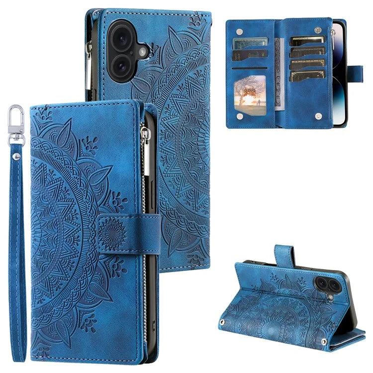 Style 006 For iPhone 16 Case PU Leather Wallet Phone Cover Mandala Flower Pattern