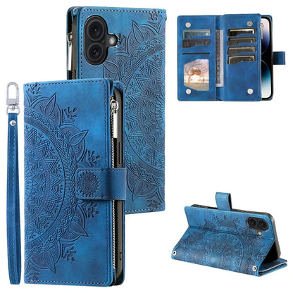 Style 006 For iPhone 16 Case PU Leather Wallet Phone Cover Mandala Flower Pattern