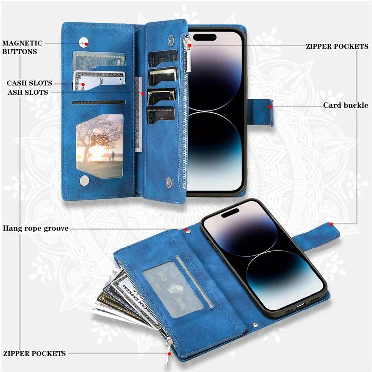 Style 006 For iPhone 16 Case PU Leather Wallet Phone Cover Mandala Flower Pattern