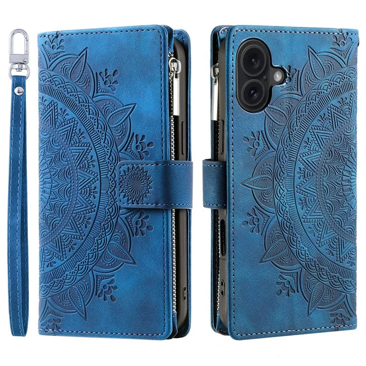 Style 006 For iPhone 16 Case PU Leather Wallet Phone Cover Mandala Flower Pattern